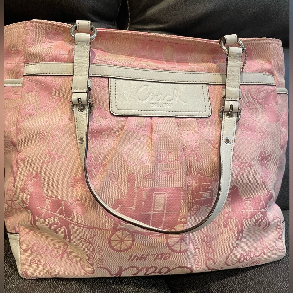 Coach Pink Canvas Leather Trim Horse Carriage Tote